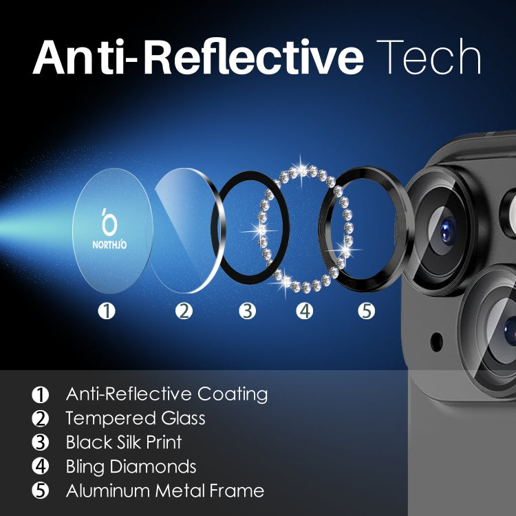 For iPhone 15 / 15 Plus / 14 / 14 Plus NORTHJO 3 Set 6Pcs Camera Lens Protector Diamond Metal Ring Film(Graphite) - iPhone 15 Tempered Glass by NORTHJO | Online Shopping UK | buy2fix