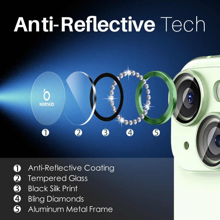 For iPhone 15 / 15 Plus / 14 / 14 Plus NORTHJO 3 Set 6Pcs Camera Lens Protector Diamond Metal Ring Film(Green) - iPhone 15 Tempered Glass by NORTHJO | Online Shopping UK | buy2fix