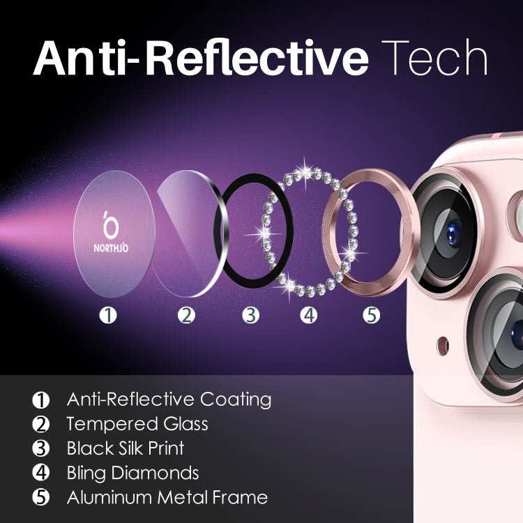 For iPhone 15 / 15 Plus / 14 / 14 Plus NORTHJO 3 Set 6Pcs Camera Lens Protector Diamond Metal Ring Film(Pink) - iPhone 15 Tempered Glass by NORTHJO | Online Shopping UK | buy2fix