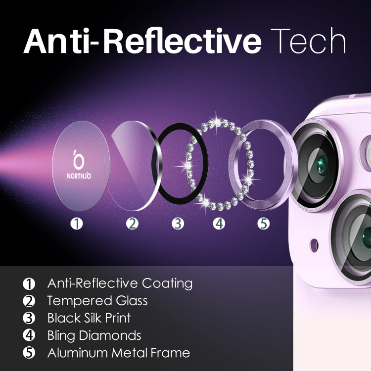 For iPhone 15 / 15 Plus / 14 / 14 Plus NORTHJO 3 Set 6Pcs Camera Lens Protector Diamond Metal Ring Film(Purple) - iPhone 15 Tempered Glass by NORTHJO | Online Shopping UK | buy2fix