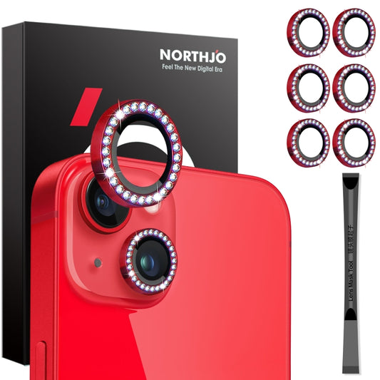 For iPhone 15 / 15 Plus / 14 / 14 Plus NORTHJO 3 Set 6Pcs Camera Lens Protector Diamond Metal Ring Film(Red) - iPhone 15 Tempered Glass by NORTHJO | Online Shopping UK | buy2fix