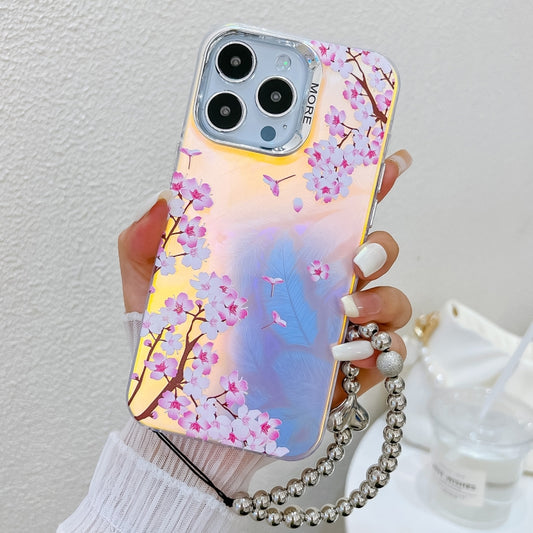 For iPhone 16 Pro Max Electroplating Laser Flower Phone Case with Wrist Strap(Peach Blossom AH4) by buy2fix