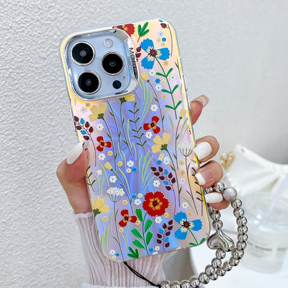 For iPhone 16 Pro Max Electroplating Laser Flower Phone Case with Wrist Strap(Flower AH6) by buy2fix