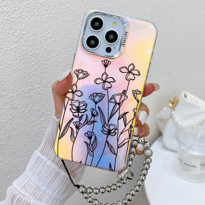 For iPhone 16 Pro Max Electroplating Laser Flower Phone Case with Wrist Strap(Drawn Flowers AH3) by buy2fix