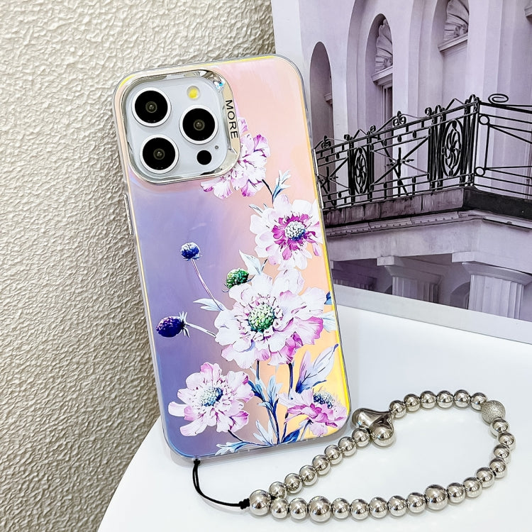 For iPhone 16 Pro Max Electroplating Laser Flower Phone Case with Wrist Strap(Zinnia AH9) by buy2fix