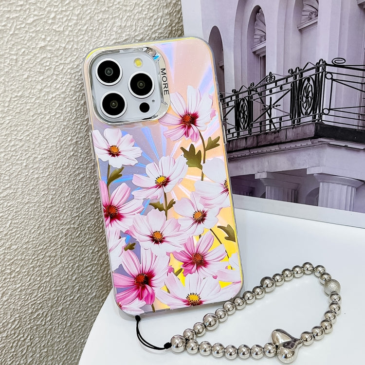 For iPhone 16 Pro Max Electroplating Laser Flower Phone Case with Wrist Strap(Cosmos Flower AH7) by buy2fix