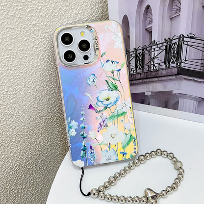 For iPhone 16 Pro Max Electroplating Laser Flower Phone Case with Wrist Strap(Blue Flower AH8) by buy2fix