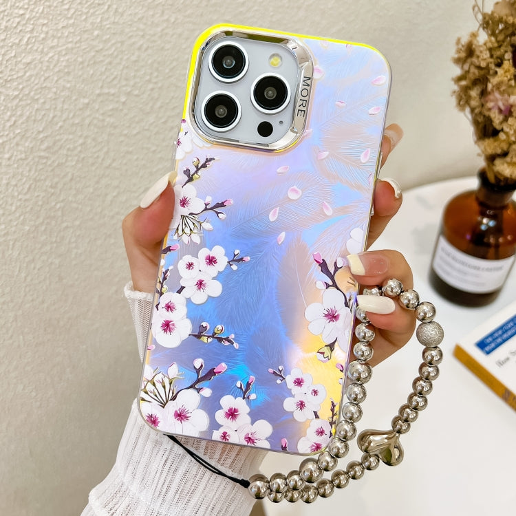 For iPhone 16 Pro Max Electroplating Laser Flower Phone Case with Wrist Strap(Plum Blossom AH18) by buy2fix