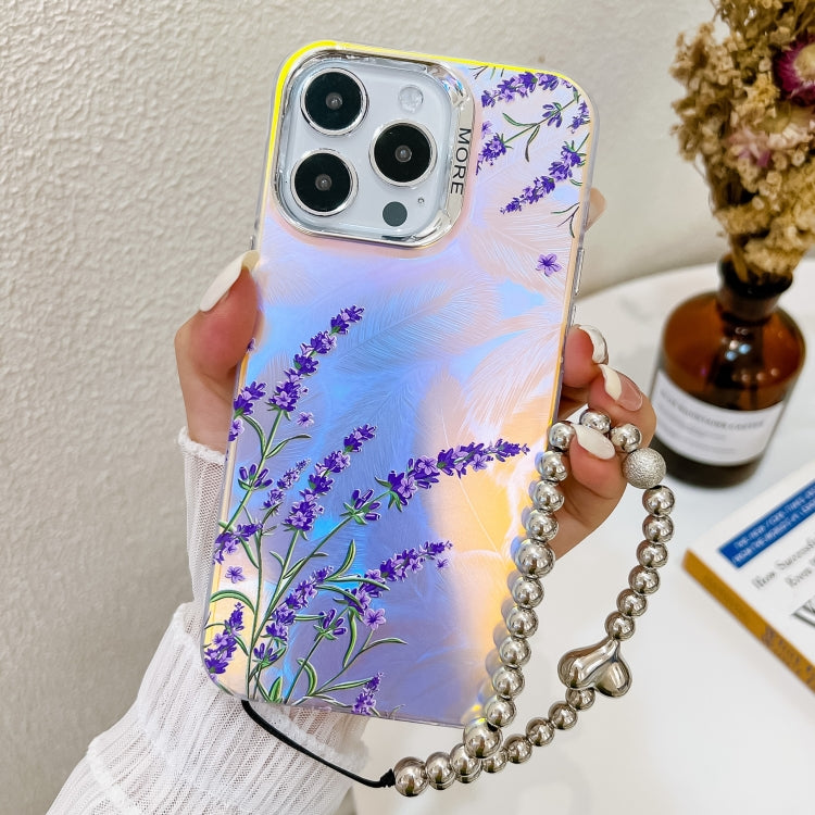 For iPhone 16 Pro Max Electroplating Laser Flower Phone Case with Wrist Strap(Lavender AH14) by buy2fix