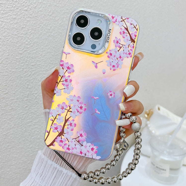 For iPhone 16 Pro Electroplating Laser Flower Phone Case with Wrist Strap(Peach Blossom AH4) by buy2fix