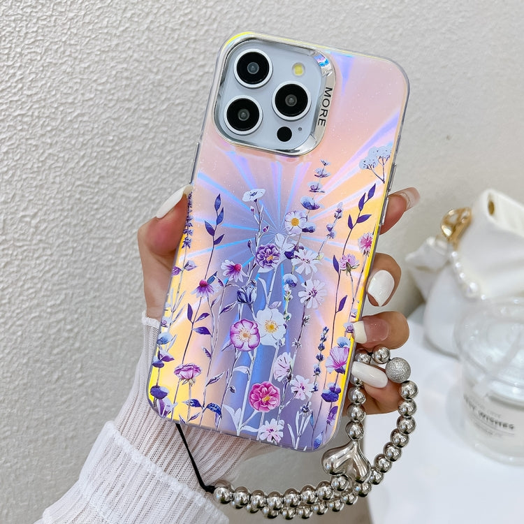For iPhone 16 Pro Electroplating Laser Flower Phone Case with Wrist Strap(Flower AH1) by buy2fix