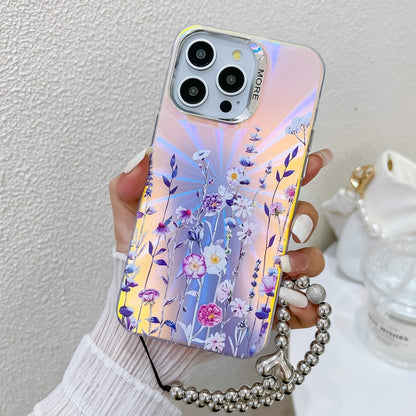 For iPhone 16 Pro Electroplating Laser Flower Phone Case with Wrist Strap(Flower AH1) by buy2fix