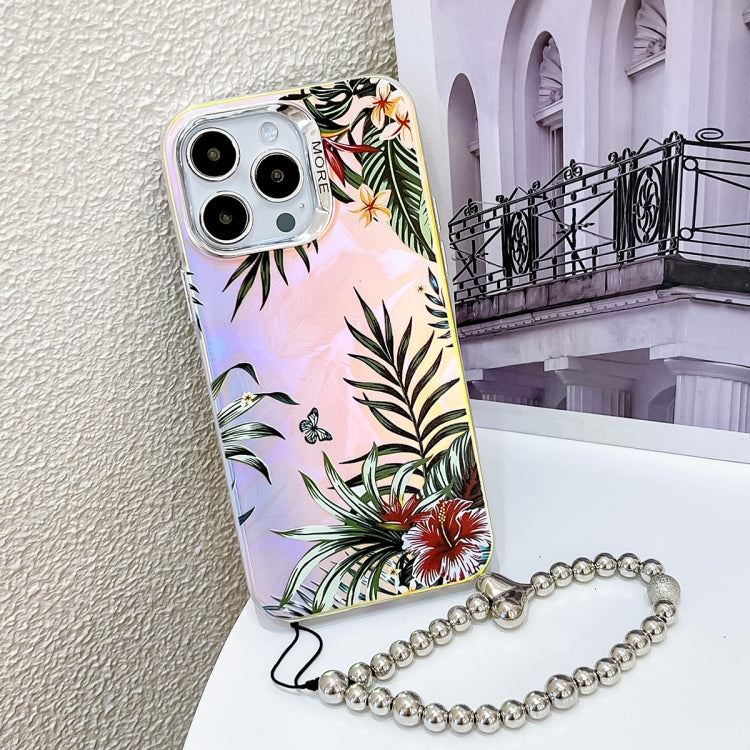 For iPhone 16 Pro Electroplating Laser Flower Phone Case with Wrist Strap(Leaves AH12) by buy2fix