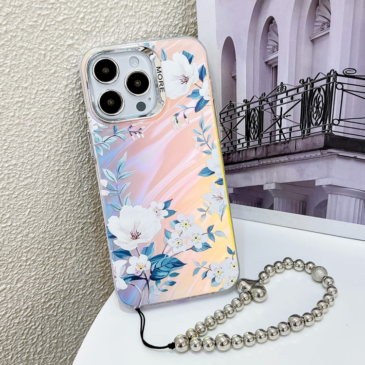 For iPhone 16 Pro Electroplating Laser Flower Phone Case with Wrist Strap(White Flower AH10) by buy2fix