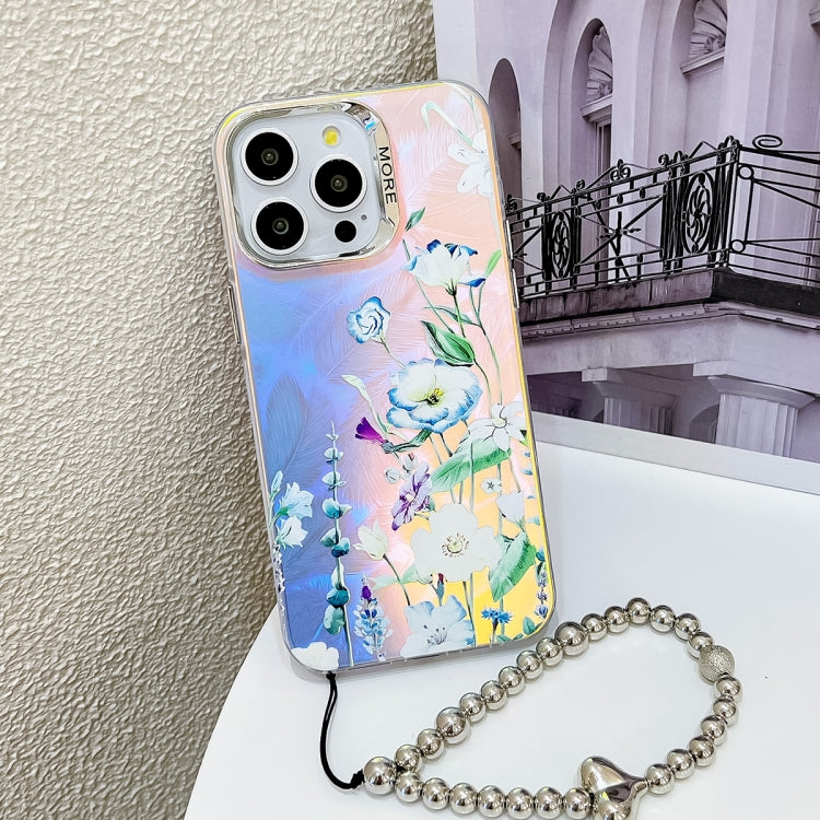 For iPhone 16 Pro Electroplating Laser Flower Phone Case with Wrist Strap(Blue Flower AH8) by buy2fix
