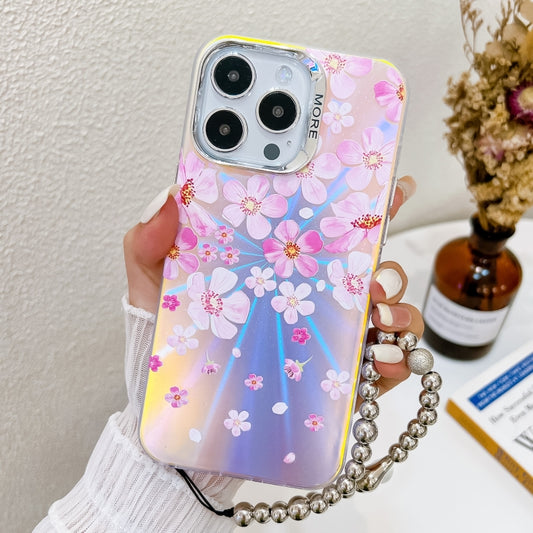 For iPhone 16 Pro Electroplating Laser Flower Phone Case with Wrist Strap(Pink Flower AH13) by buy2fix