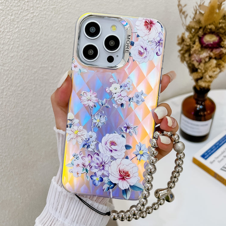 For iPhone 16 Pro Electroplating Laser Flower Phone Case with Wrist Strap(Rose AH15) by buy2fix