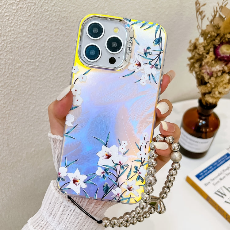 For iPhone 16 Pro Electroplating Laser Flower Phone Case with Wrist Strap(Morning Glory AH16) by buy2fix