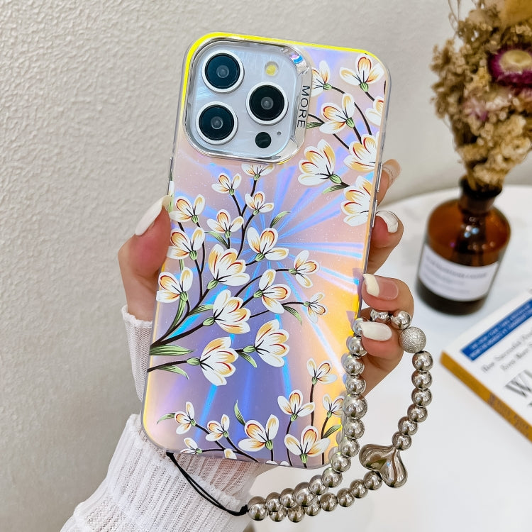 For iPhone 16 Pro Electroplating Laser Flower Phone Case with Wrist Strap(Pear Blossom AH17) by buy2fix