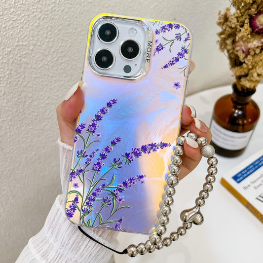 For iPhone 16 Pro Electroplating Laser Flower Phone Case with Wrist Strap(Lavender AH14) by buy2fix
