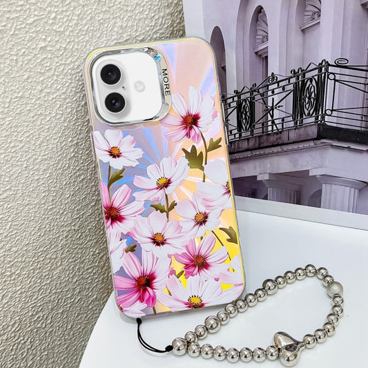 For iPhone 16 Plus Electroplating Laser Flower Phone Case with Wrist Strap(Cosmos Flower AH7) - iPhone 16 Plus Cases by buy2fix | Online Shopping UK | buy2fix