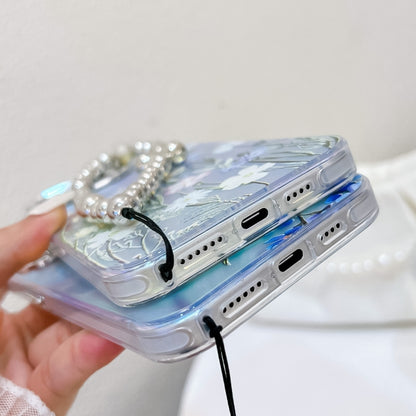 For iPhone 16 Pro Electroplating Laser Flower Phone Case with Wrist Strap(Blue Flower AH8) by buy2fix