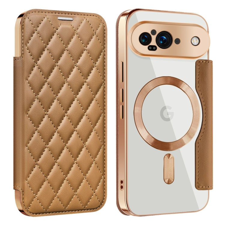 For Google Pixel 9 Shield Magsafe RFID Anti-theft Rhombus Leather Phone Case(Brown) by buy2fix