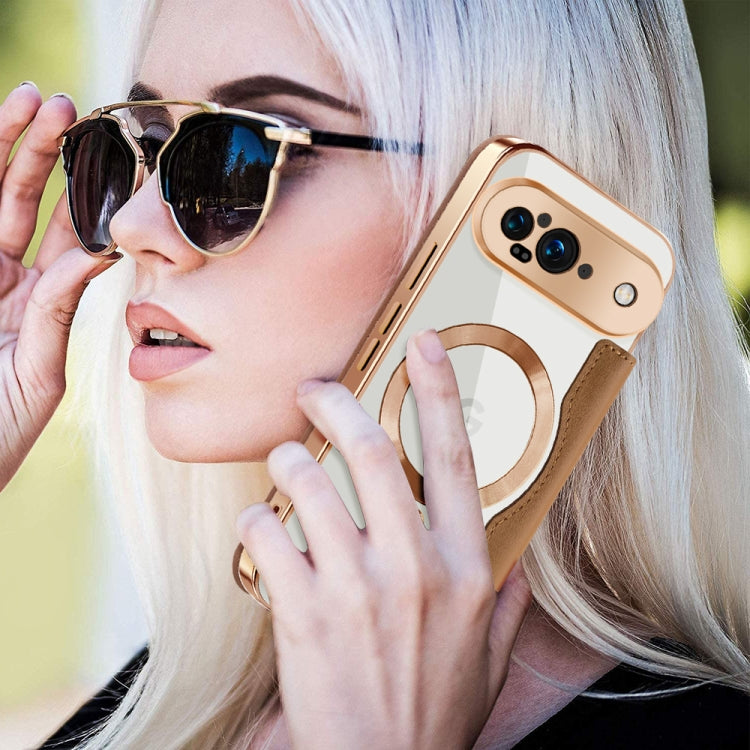 For Google Pixel 9 Shield Magsafe RFID Anti-theft Rhombus Leather Phone Case(Brown) by buy2fix