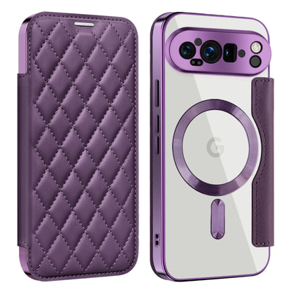 For Google Pixel 9 Pro Shield Magsafe RFID Anti-theft Rhombus Leather Phone Case(Purple) by buy2fix