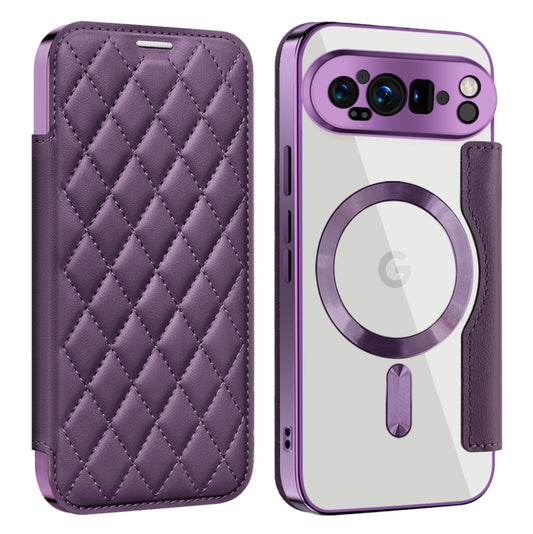 For Google Pixel 9 Pro Shield Magsafe RFID Anti-theft Rhombus Leather Phone Case(Purple) by buy2fix