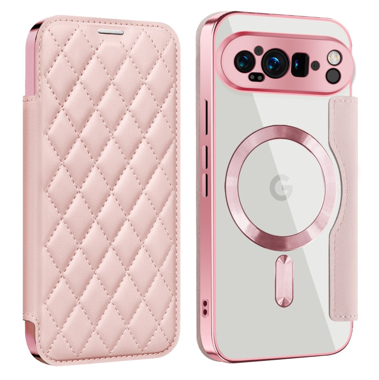 For Google Pixel 9 Pro Shield Magsafe RFID Anti-theft Rhombus Leather Phone Case(Pink) by buy2fix