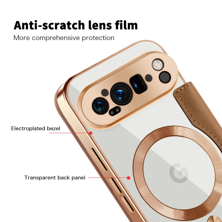 For Google Pixel 9 Pro Shield Magsafe RFID Anti-theft Rhombus Leather Phone Case(Brown) by buy2fix