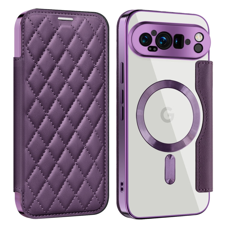 For Google Pixel 9 Pro XL Shield Magsafe RFID Anti-theft Rhombus Leather Phone Case(Purple) by buy2fix