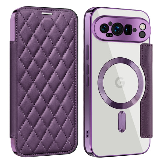 For Google Pixel 9 Pro XL Shield Magsafe RFID Anti-theft Rhombus Leather Phone Case(Purple) by buy2fix