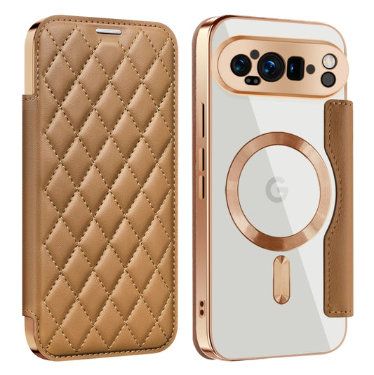 For Google Pixel 9 Pro XL Shield Magsafe RFID Anti-theft Rhombus Leather Phone Case(Brown) by buy2fix