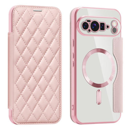 For Google Pixel 10 Pro XL Shield Magsafe RFID Anti-theft Rhombus Leather Phone Case(Pink) - Google Cases by buy2fix | Online Shopping UK | buy2fix
