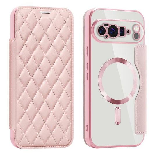 For Google Pixel 10 Pro XL Shield Magsafe RFID Anti-theft Rhombus Leather Phone Case(Pink) - Google Cases by buy2fix | Online Shopping UK | buy2fix