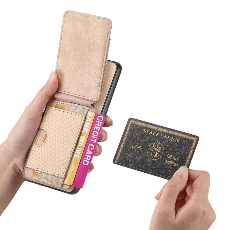 For Samsung Galaxy S25 5G Carbon Fiber Vertical Flip Wallet Stand Phone Case(Khaki) by buy2fix