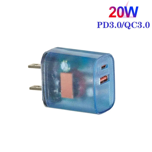 Transparent PD3.0 Type-C + QC3.0 USB Mobile Phone Charger, US Plug(Transparent Blue) - USB Charger by buy2fix | Online Shopping UK | buy2fix