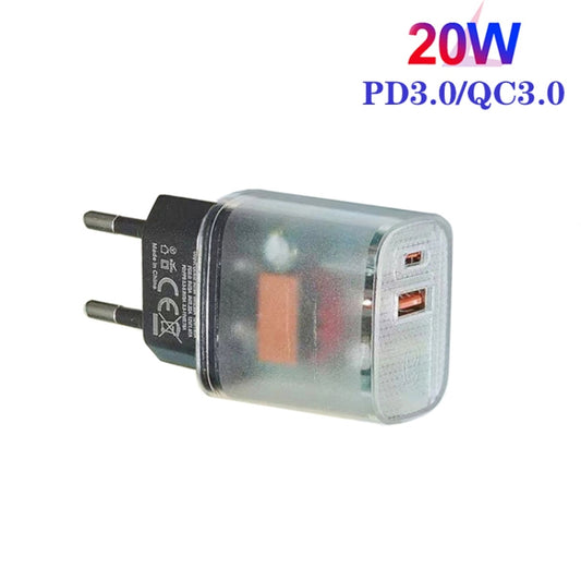 Transparent PD3.0 Type-C + QC3.0 USB Mobile Phone Charger, EU Plug(Transparent) - USB Charger by buy2fix | Online Shopping UK | buy2fix