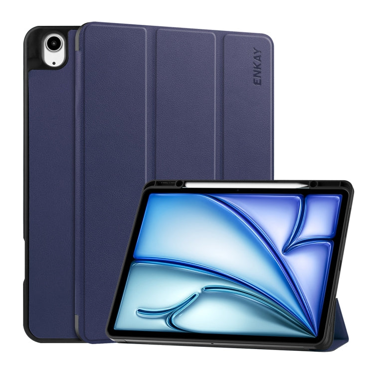 For iPad Air 13 2024 ENKAY Tri-fold Custer Texture TPU Leather Smart Tablet Case with Pen Slot(Dark Blue) - iPad Air 13 2025 / 2024 Cases by ENKAY | Online Shopping UK | buy2fix