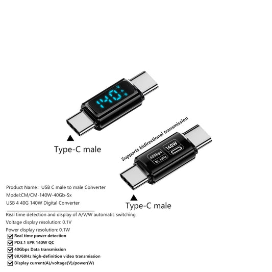 Type-C Male to Type-C Male 40Gbps Data Transmission PD140W Digital Display Adapter(Black) - OTG Adapter by buy2fix | Online Shopping UK | buy2fix