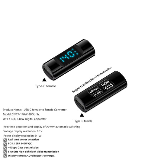 Type-C Female to Type-C Female 40Gbps Data Transmission PD140W Digital Display Adapter(Black) - OTG Adapter by buy2fix | Online Shopping UK | buy2fix
