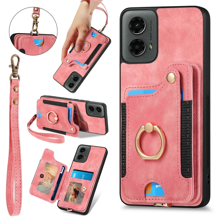 For Motorola Moto G 2024 Retro Skin-feel Ring Multi-card RFID Wallet Phone Case(Pink) by buy2fix