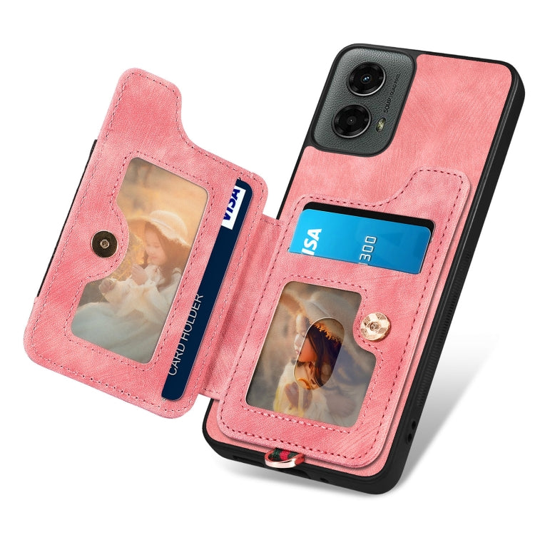 For Motorola Moto G 2024 Retro Skin-feel Ring Multi-card RFID Wallet Phone Case(Pink) by buy2fix