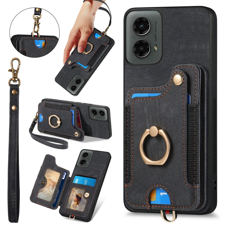 For Motorola Moto G 2024 Retro Skin-feel Ring Multi-card RFID Wallet Phone Case(Black) by buy2fix