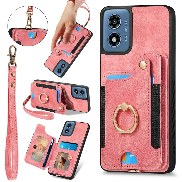 For Motorola G Play 2024 Retro Skin-feel Ring Multi-card RFID Wallet Phone Case(Pink) by buy2fix