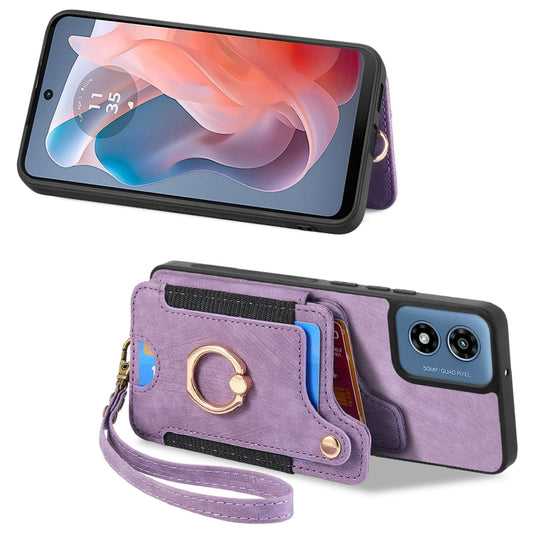 For Motorola G Play 2024 Retro Skin-feel Ring Multi-card RFID Wallet Phone Case(Purple) by buy2fix