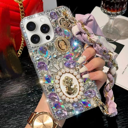 For iPhone 15 Pro Max Handmade Diamond Purple Gemstone Scarf Bracelet PC Phone Case(White) - iPhone 15 Pro Max Cases by buy2fix | Online Shopping UK | buy2fix