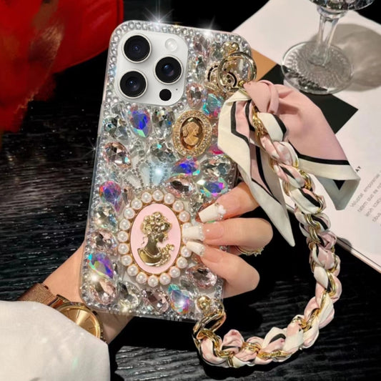 For iPhone 15 Pro Handmade Diamond Purple Gemstone Scarf Bracelet PC Phone Case(Pink) - iPhone 15 Pro Cases by buy2fix | Online Shopping UK | buy2fix